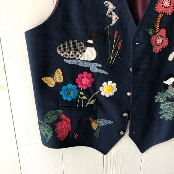 Vintage Handmade Funky Art Appliqué Embroidered Birds Flowers Unisex Vest - Picture 5 of 13